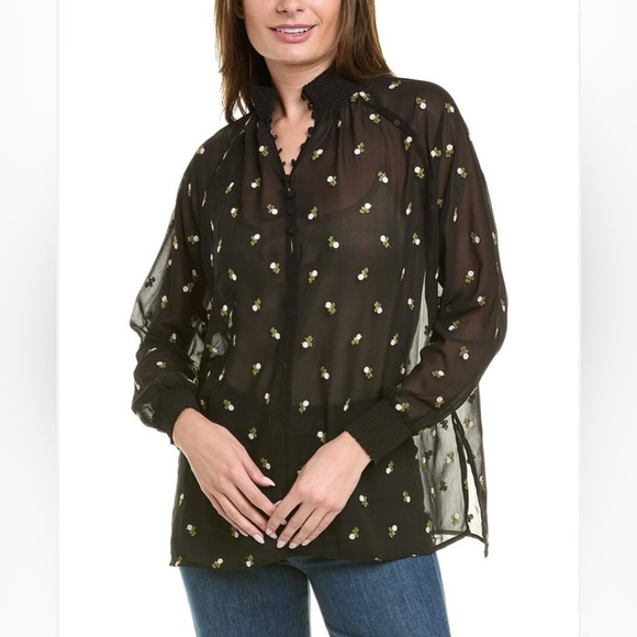 CAbi Tops - EUC Cabi Sheer Black Floral Smocked Neck Women's Blouse Small